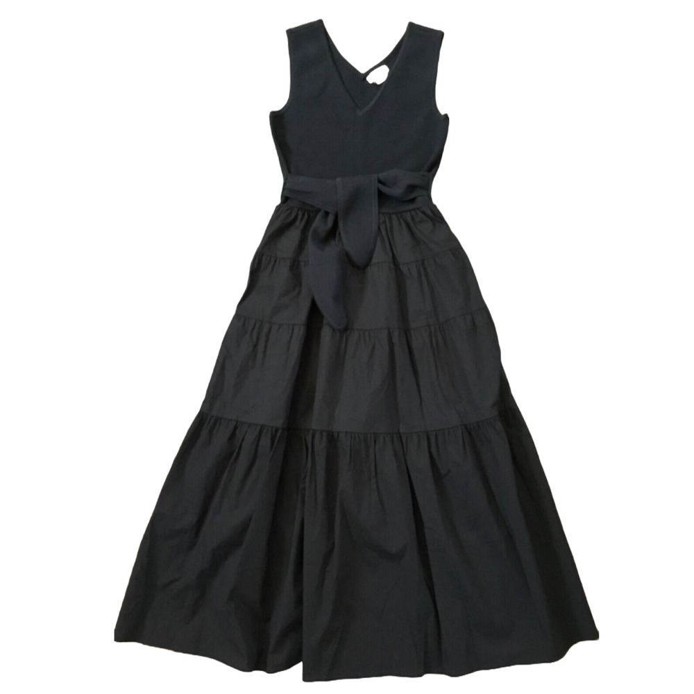 Jason Wu Fit & Flare Mixed Media Black Maxi Dress, Knit Top, Tiered Skirt, Sz M